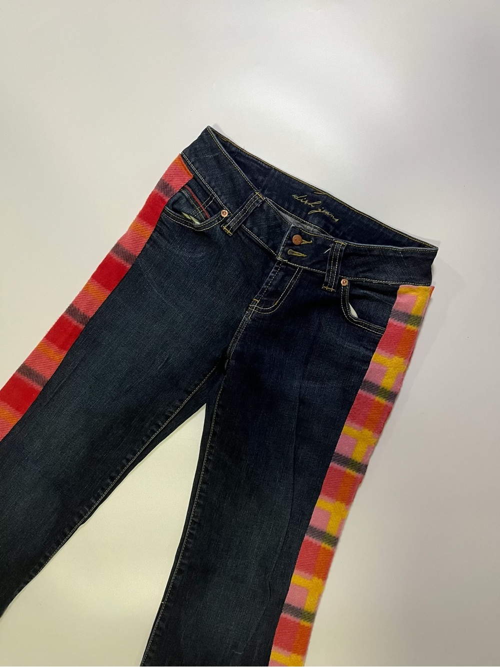 y2k pink flannel dark wash jeans